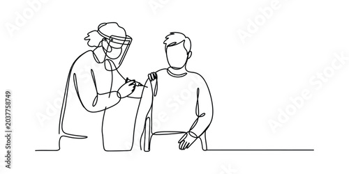 Continuous one line drawing of a doctor giving a vaccine shot to a patient wearing a face shield and mask Vector, illustration