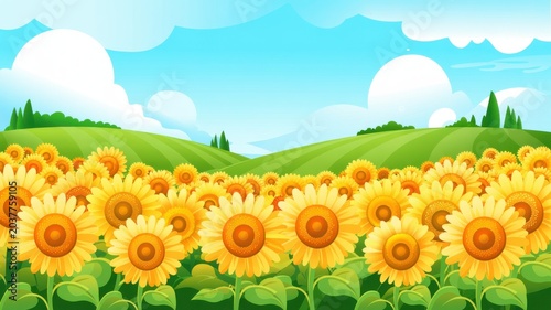 Vibrant cartoon style illustration of a blooming sunflower field meadow landscape