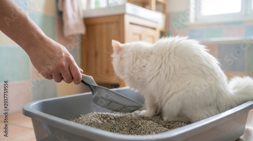 Hand holding a litter scoop near a white fluffy cat in a litter box pet shop