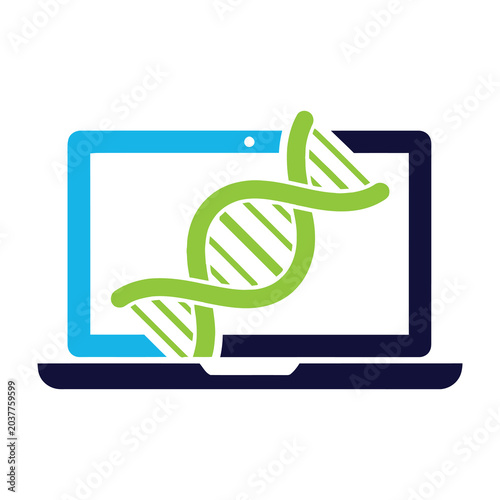 Photography DNA double helix on laptop screen symbolizing genetic engineering