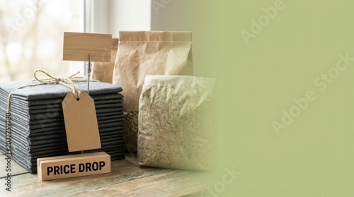 Stack of dark items tied with twine and a price drop sign next to paper bags