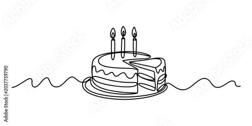 Continuous single line drawing of a birthday cake with three lit candles and a slice cut out Vector, illustration