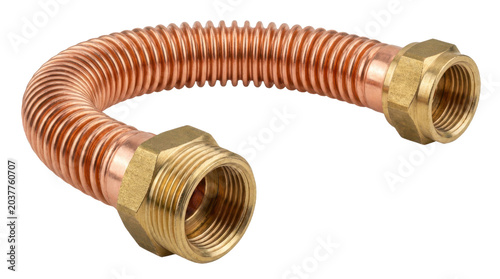 Flexible copper gas hose connector with brass fittings isolated on transparent background