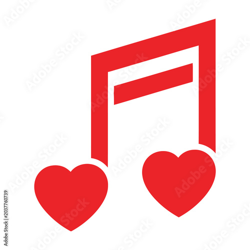 Red Musical Note Symbol with Two Hearts for Romantic Love Songs and Valentine Day Concepts