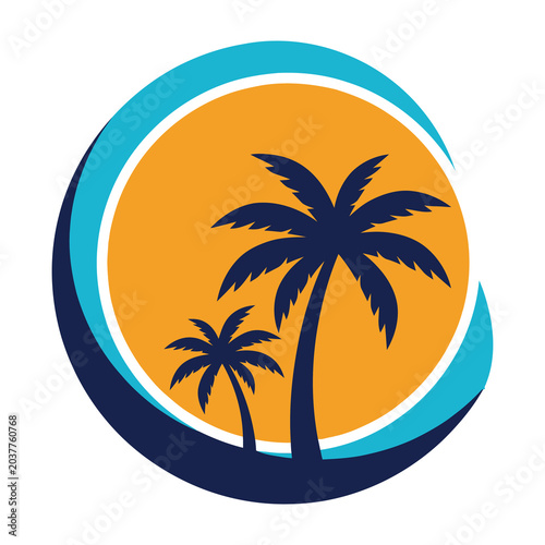 Tropical Palm Tree Silhouette Logo Design with Sunset Circle and Ocean Wave Coastal Icon
