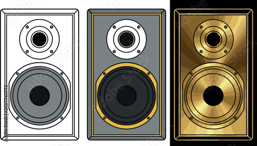 Bild auf Leinwand Audio Speaker Icon Set with Gold and Silver Variations for Music Systems, Sound