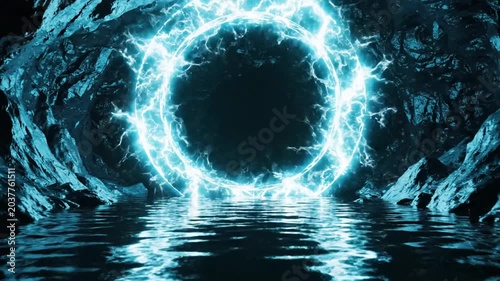 Abstract portal of energy with reflection in dark cavernous setting