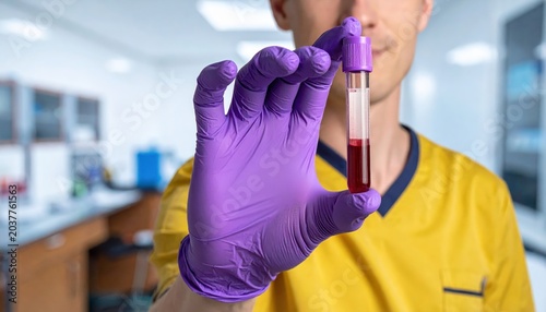 Nurse's hand in purple glove holding a blood collection tube for medical testing in a laboratory setting