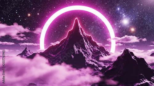 Abstract purple mountain range with glowing ring and starry night sky