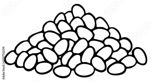 Graphic depiction of a pile of smooth, rounded stones, with bold outlines and clean, organic shapes clustered together abstractly.