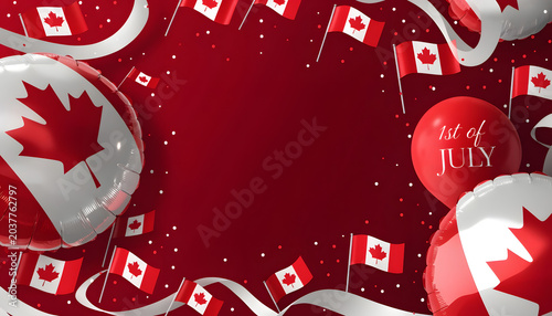 Canada day celebration background with canadian flags and balloons, 1st of july festive concept, copy space for text