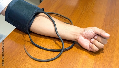 Nurse's hand squeezing blood pressure cuff on patient's arm for vital sign measurement