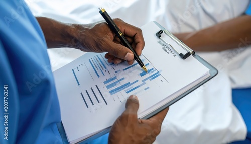 Nurse's Hand Writing Patient Fluid Balance Chart Details with Pen on Clipboard