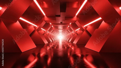Abstract red corridor with bright central light source and reflective surfaces