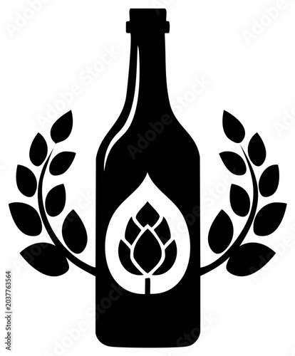 Beer Bottle with Hop Flower and Laurel Wreath in Black and White, Design Element