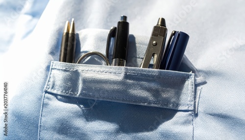 Nurse's light blue pocket organizer filled with essential medical tools and writing instruments, neatly clipped