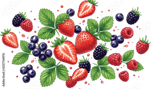 Bild auf Leinwand Wild Berry Set with Fresh Strawberries, Blueberries, Blackberries, Raspberries,