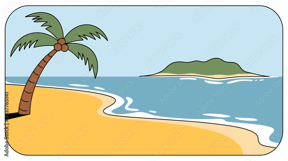 Obraz premium Cartoon palm tree on sandy beach with ocean waves and island in distance scene