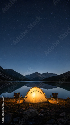 Serene night camping by the lake a cozy outdoor scene under the stars
