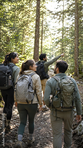 Outdoor exploration engaging hiking adventure with friends in a beautiful forest setting