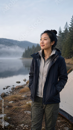 Environmental portrait solo adventurer by serene lake in outdoor lifestyle scene