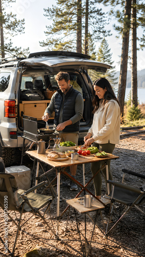 Nature-inspired outdoor cooking together eye-level photography for a relaxed campsite vibe