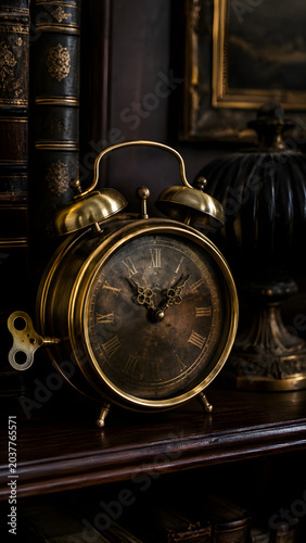 Close-up of vintage alarm clock a dramatic still life in a dimly lit antique shop setting