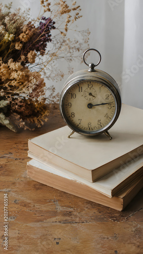 Creating a realistic vintage still life photo of clock and books in a cozy room