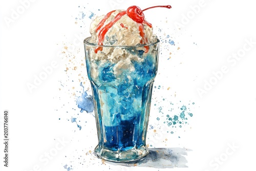 Watercolor Blueberry Soda Float with Vanilla Ice Cream and Strawberry Syrup Splash