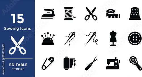Bild auf Leinwand Set of fifteen flat black sewing icons for tailoring and crafts