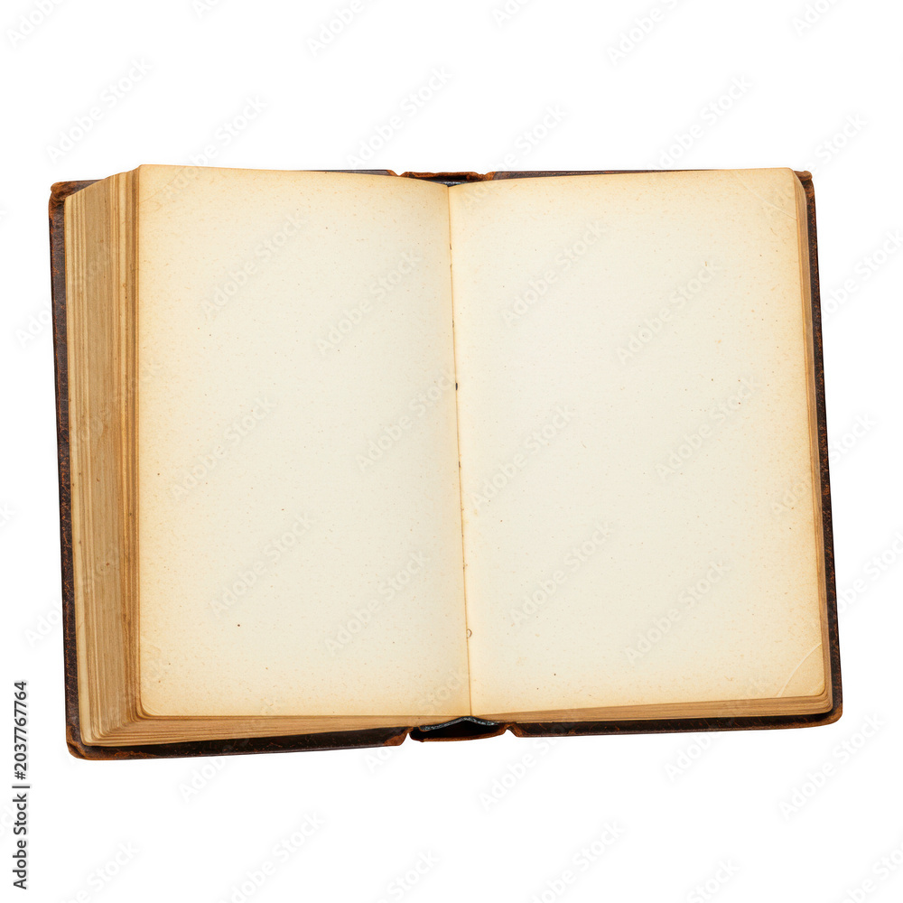 Naklejka premium Open antique book with blank pages and brown leather binding