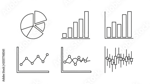 Set of Six Line and Bar Graph Charts in Minimalist Style for Data Analysis and Business Reports