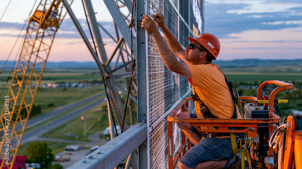 Obraz premium Lone billboard installer on hydraulic li 1