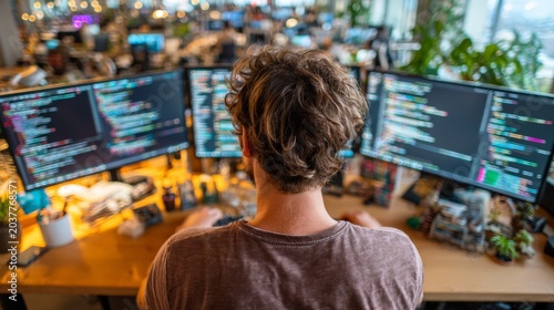 A programmer, surrounded by a cluster of monitors and engrossed in his code, is hard at work, providing the technical backdrop for articles on the digital industry and IT professions.