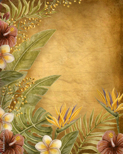 Vintage tropical floral frame with hibiscus flowers, exotic leaves, and aged paper texture. Watercolor painting. Decorative botanical background with blank copy space..