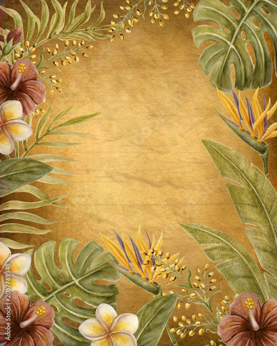 Vintage tropical floral frame with hibiscus flowers, exotic leaves, and aged paper texture. Watercolor painting. Decorative botanical background with blank copy space..