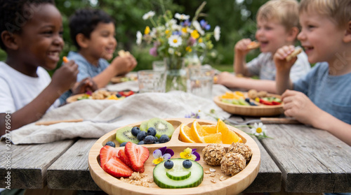 Midsummer colorful children plate food close-up with kids dining background for Swedish festival holiday family meal recipe design