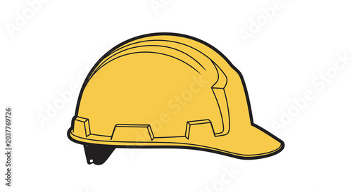 Yellow construction helmet with black brim line art illustration on white background