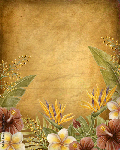 Vintage tropical floral frame with hibiscus flowers, exotic leaves, and aged paper texture. Watercolor painting. Decorative botanical background with blank copy space..