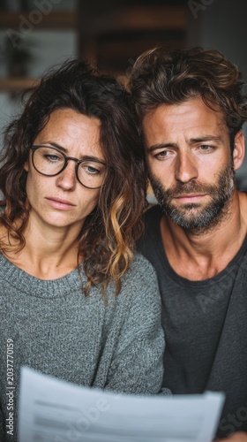 A couple with worried expressions are studying documents, providing a sombre backdrop for reports on financial difficulties or legal matters.