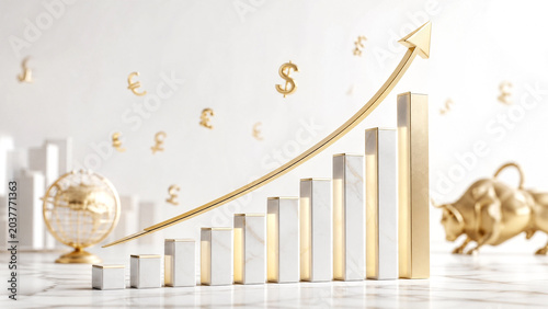 Financial growth concept showing an upwardtrending golden arrow over rising bar graph representing market success and investment economy with currency symbols and a golden bull