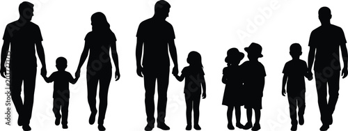 Fotografía Minimalist family silhouettes of adults and children walking together, represent