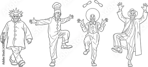 Billede på lærred Playful cartoon clowns in colorful costumes performing circus acts with juggling