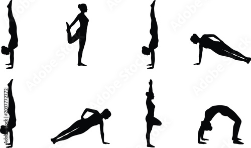 Tableau sur toile Versatile collection of yoga and exercise silhouettes demonstrating balance, fle