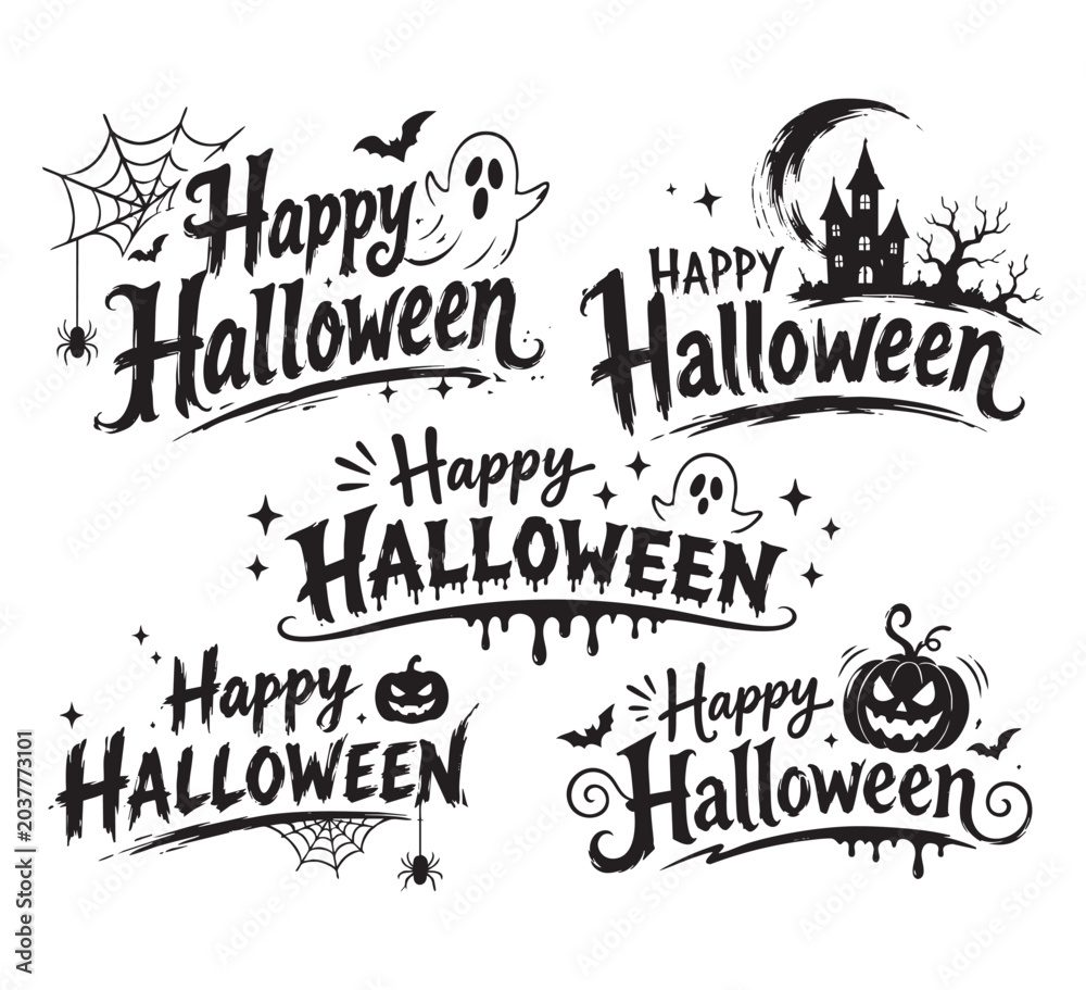 Fototapeta premium Collection of happy halloween text with spooky illustrations