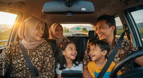 Indonesian family smiling on road trip returning from Eid al-Adha holiday, mudik travel lifestyle on toll road