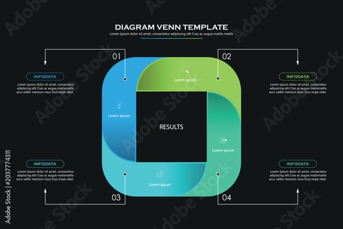Venn diagram business infographic circle chart template 4 options, presentation with venn diagram elements vector illustration.