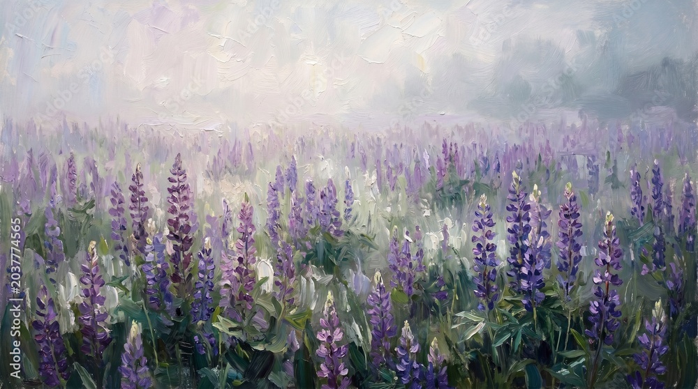 Naklejka premium Impressionist Oil Painting of Misty Oregon Lupine Wildflower Fields