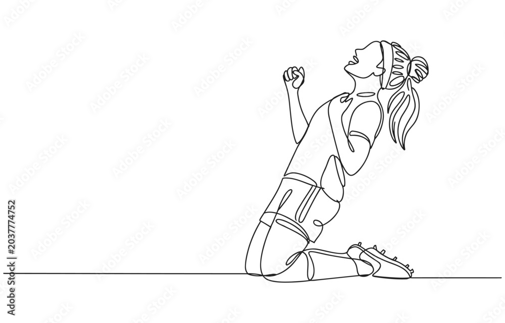 Fototapeta premium Happy jumping woman continuous one line drawing, Happy jumping celebrating illustration in continuous one line drawing. 