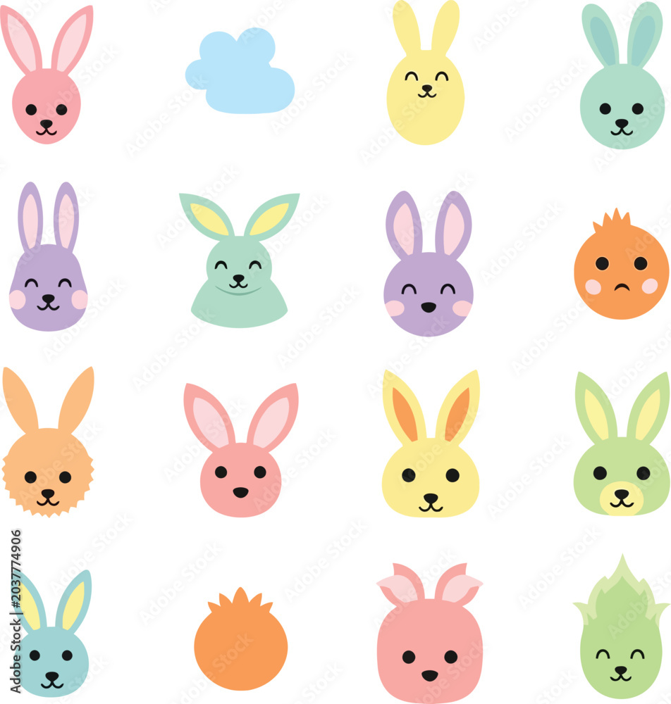 Fototapeta premium Colorful bunny rabbit heads and carrot illustration set isolated on transparent background